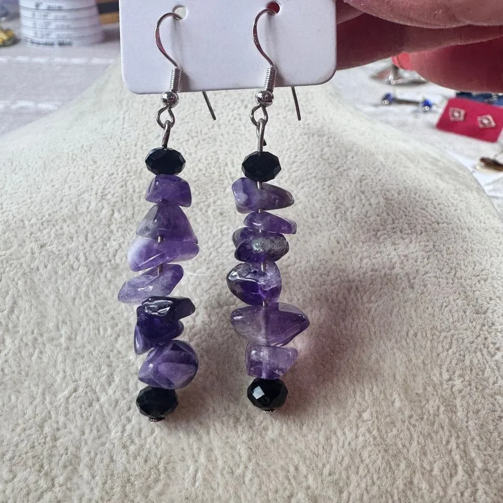 Amethyst and Black Stone Drop Earrings